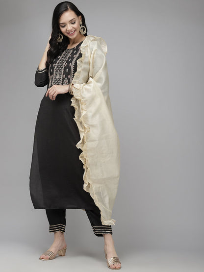 Women Black Yoke Design Regular Liva Kurta with Trousers & Dupatta