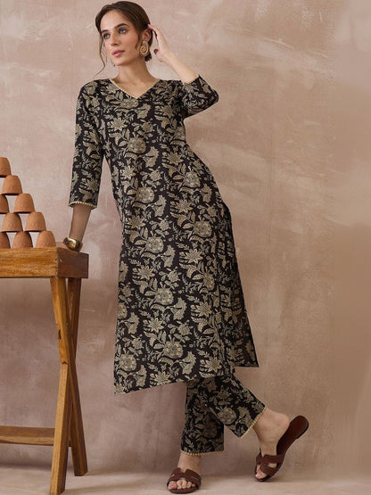 Women Floral Printed Regular Pure Cotton Kurta with Trousers