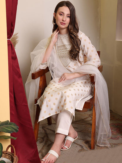 Dhiyona PD Women Embroidered Printed Round Neck Three-Quarter Sleeves Straight Kurta Set