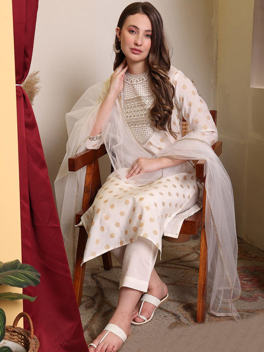Dhiyona PD Women Embroidered Printed Round Neck Three-Quarter Sleeves Straight Kurta Set
