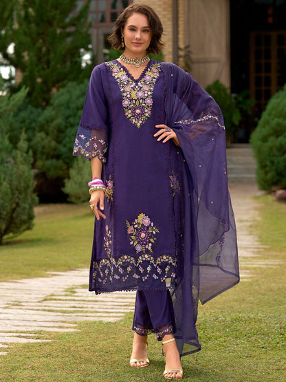 Women Floral Embroidered Panelled Sequinned Kurta with Trousers & With Dupatta