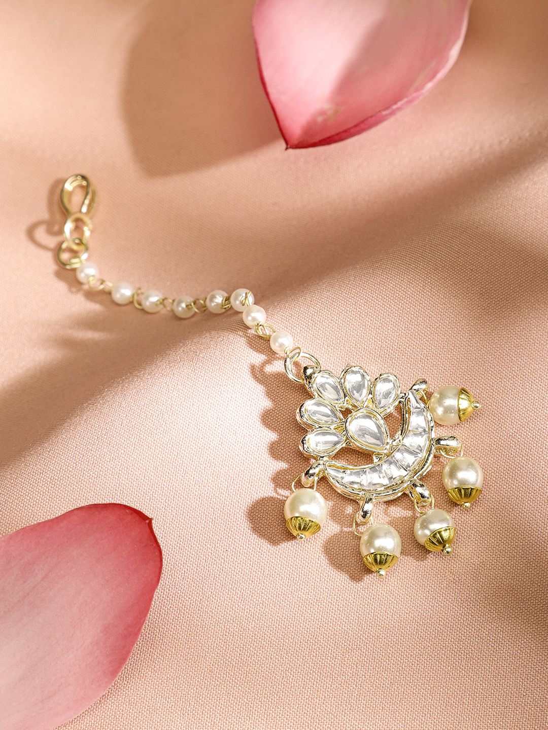 Dhiyona RJ Women's Off-White 24K Gold-Plated Kundan Studded & Beaded Handcrafted Maang Tikka