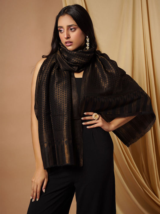 Dhiyona PA Women Black & Beige Colored Woven Design Fine Cashmere Woolen Shawl