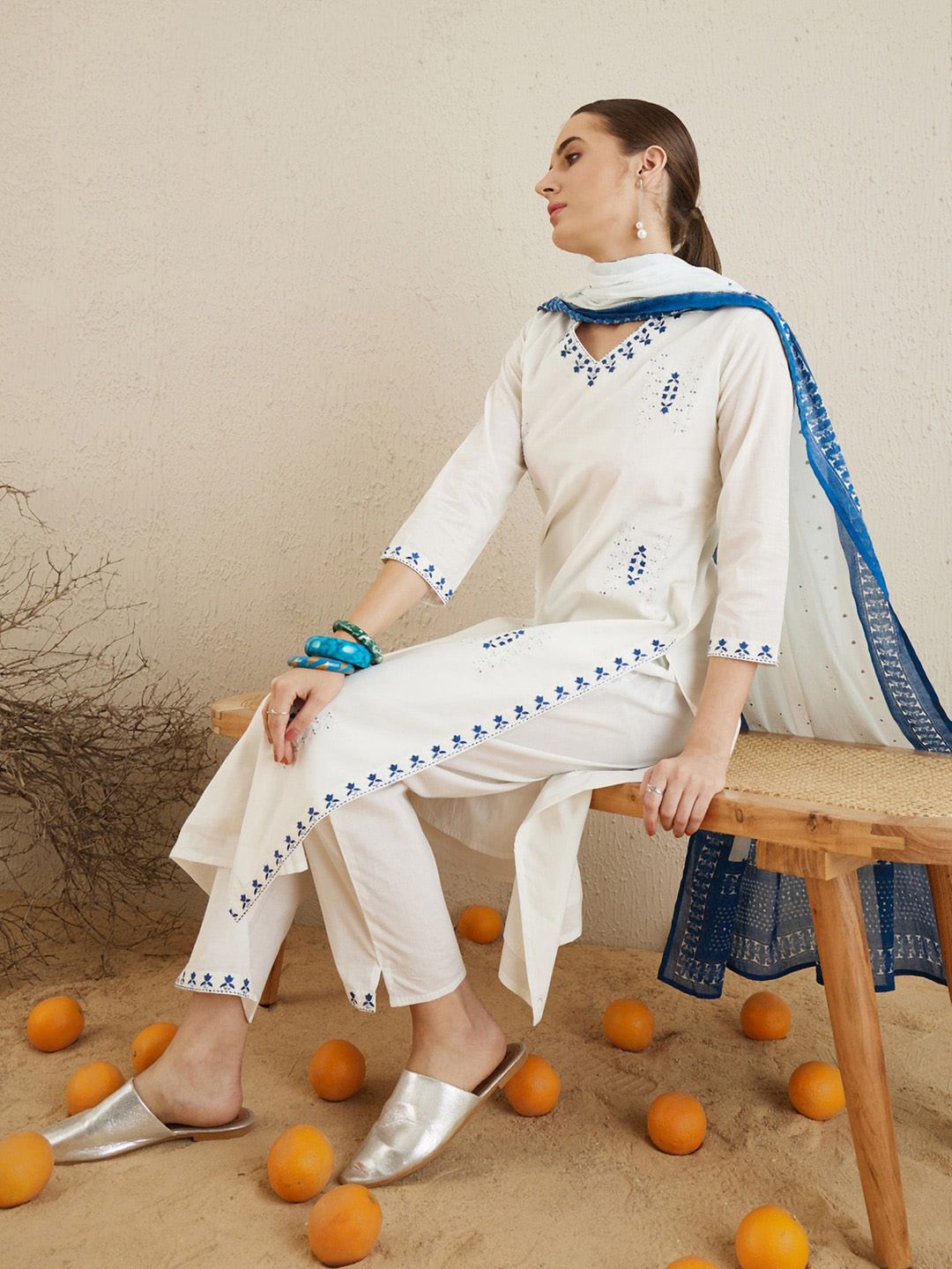 Dhiyona IE V Neck Ethnic Embroidered Pure Cotton Straight Kurta with Trouser & Dupatta