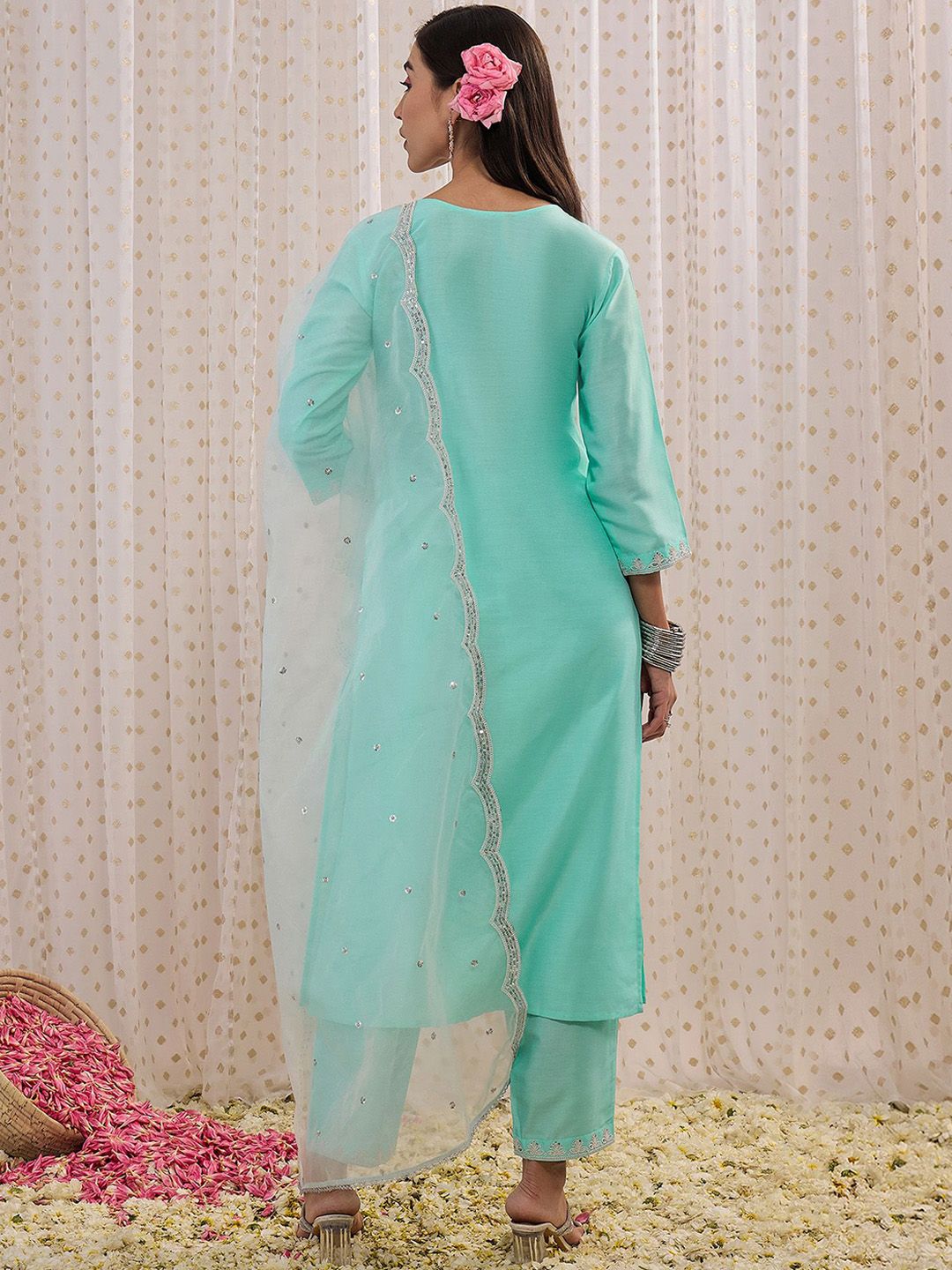 Floral Embroidered Sequinned Straight Kurta With Trousers & Dupatta