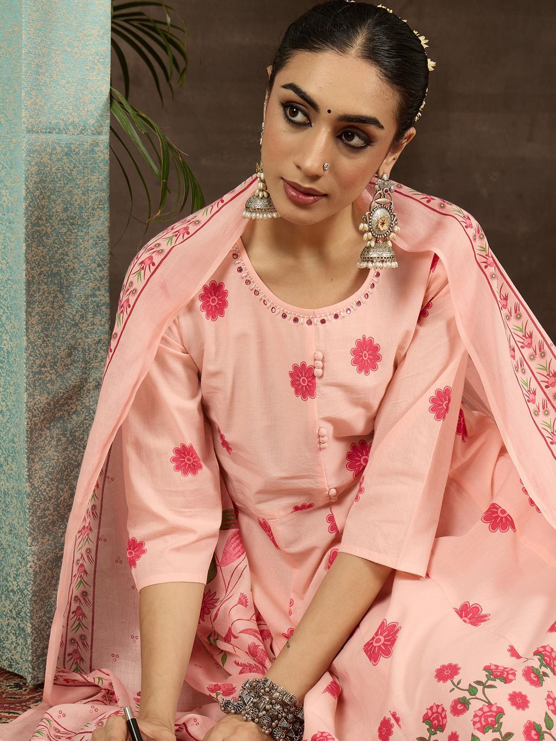 Dhiyona IE Floral Printed Round Neck Pure Cotton Anarkali Kurta With Trousers & Dupatta