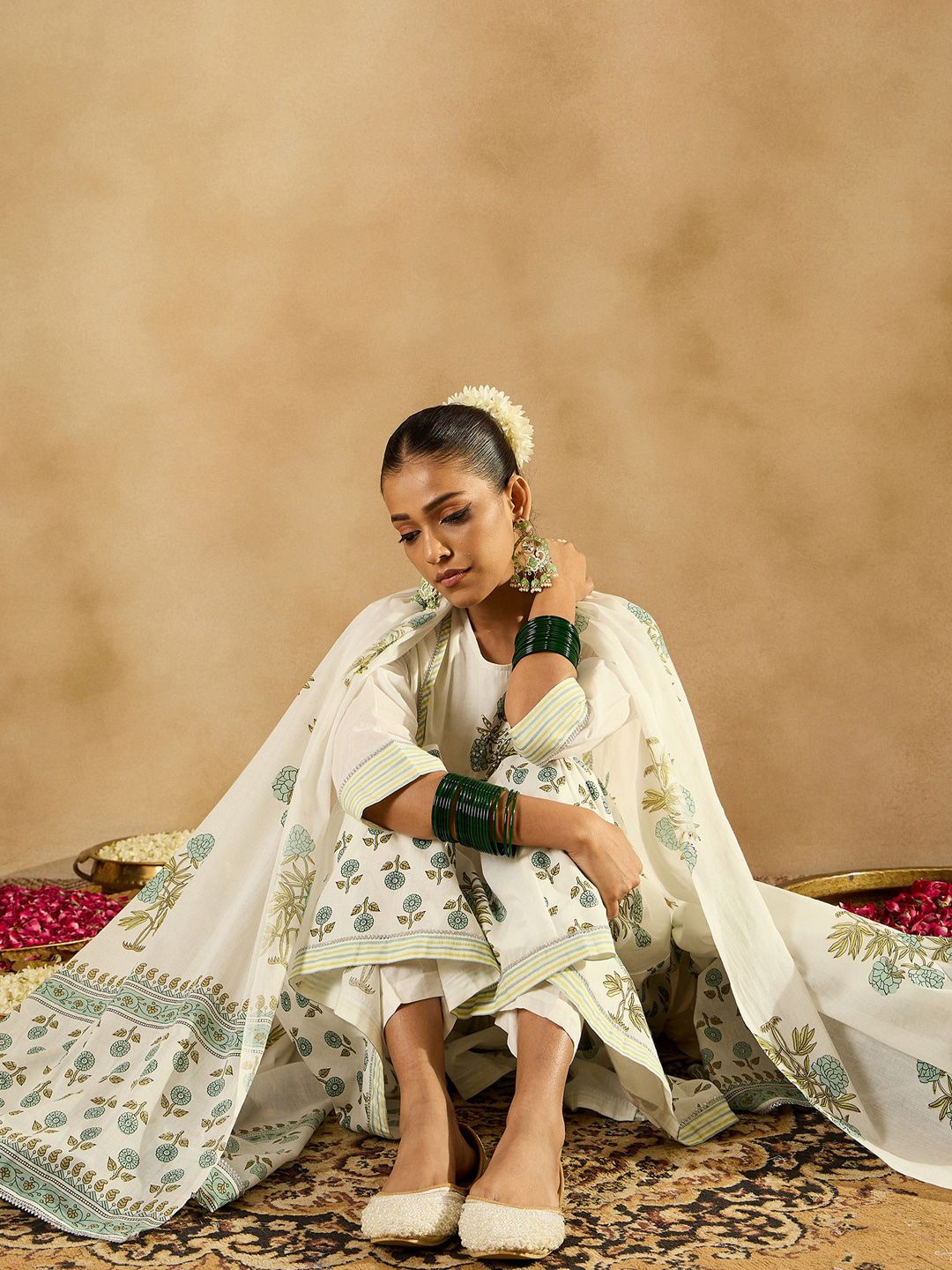 Dhiyona IE Floral Printed Empire Sequinned Pure Cotton A-Line Kurta With Trousers & Dupatta