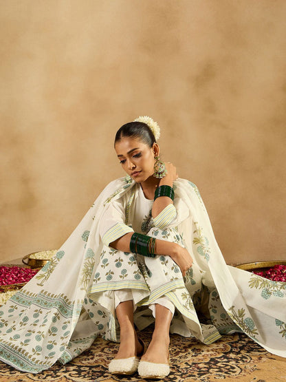 Floral Printed Empire Sequinned Pure Cotton A-Line Kurta With Trousers & Dupatta