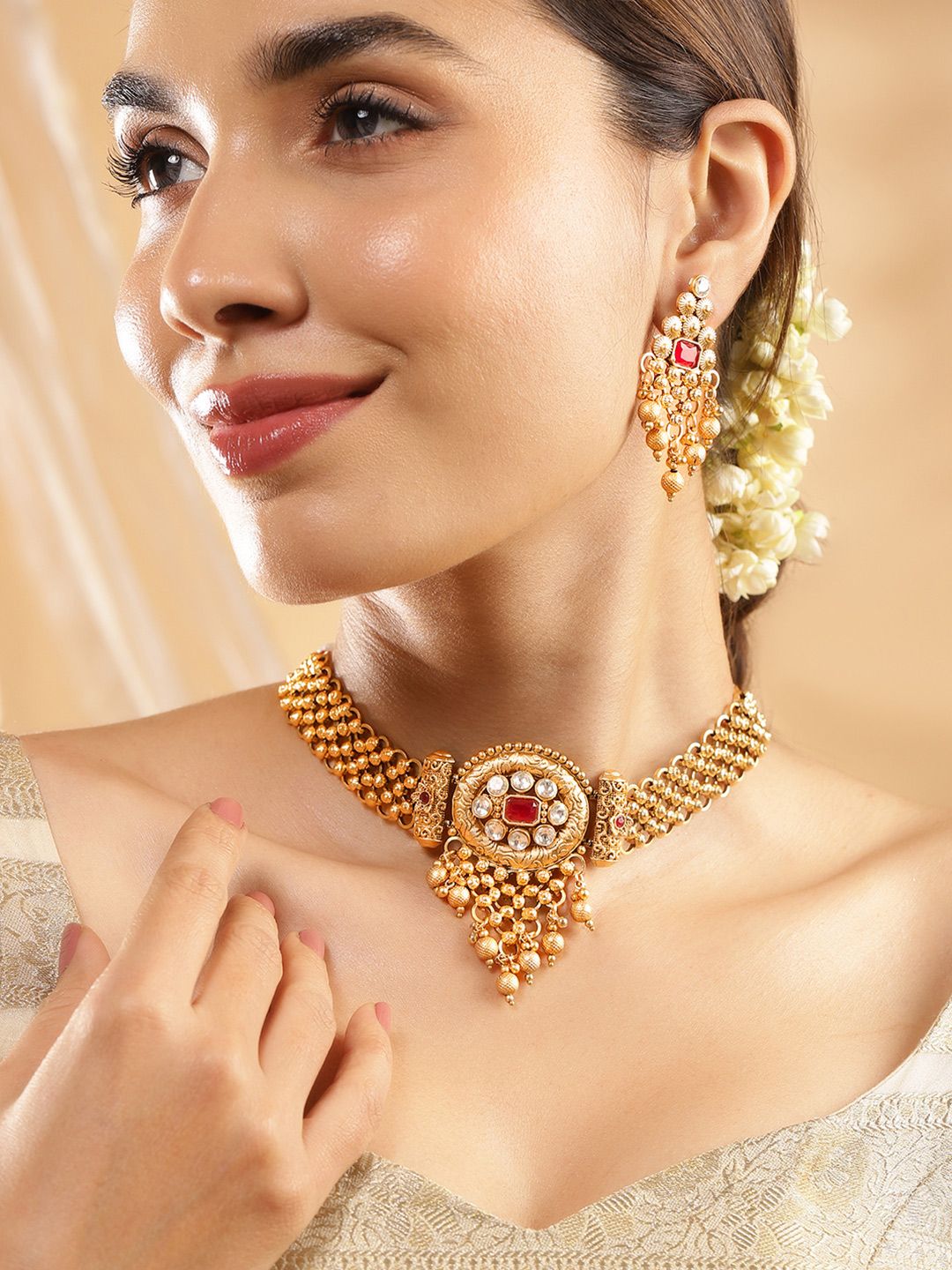 Dhiyona RJ Women's 22K Gold Plated Ruby & White Kundan Studded Choker Jewellery Set with Golden Beads