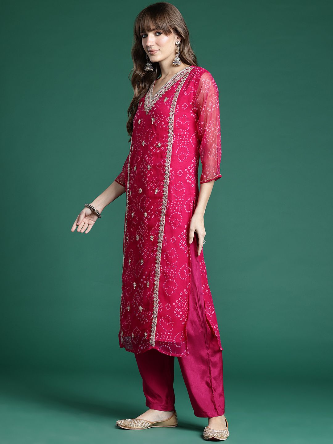 Dhiyona IE Ethnic Motifs Embroidered Regular Silk Chiffon Kurta with Trousers & Dupatta
