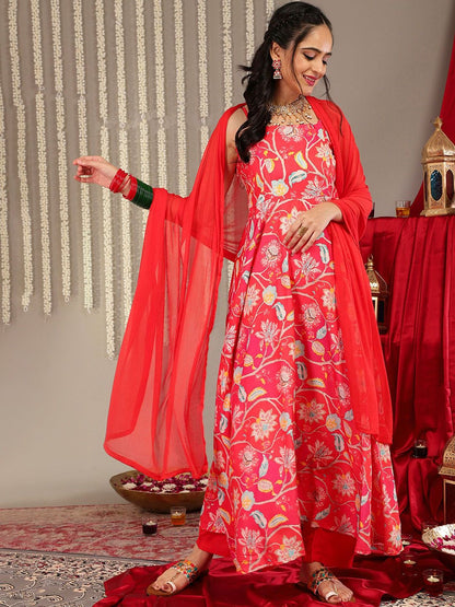 Dhiyona VA Women'sFloral Printed Shoulder Straps Anarkali Kurta & Trousers With Dupatta