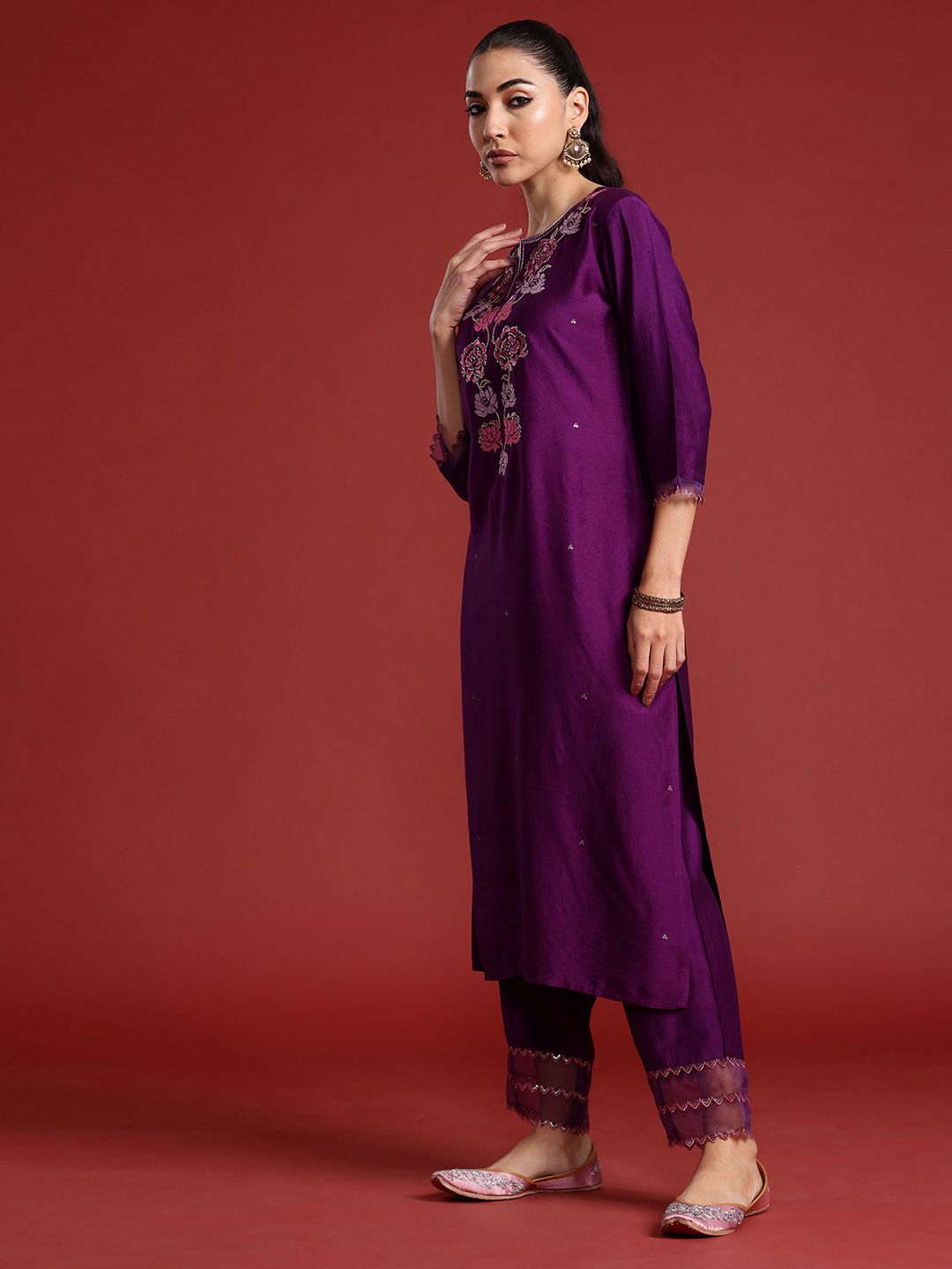 Dhiyona IE Floral Embroidered Sequinned Liva Kurta With Trousers & Dupatta