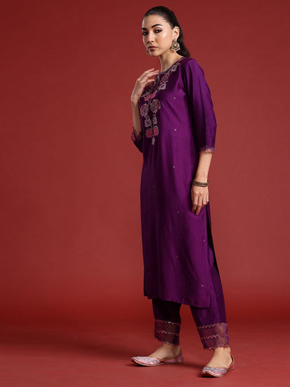 Dhiyona IE Floral Embroidered Sequinned Liva Kurta With Trousers & Dupatta