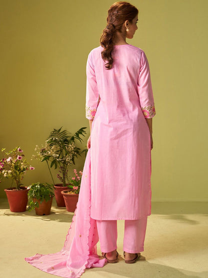 Dhiyona IE Women Floral Embroidered Thread Work Kurta with Trousers & With Dupatta