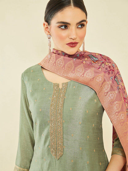 Dhiyona SO Women's Ethnic Motifs Embroidered Regular Zardozi Kurta With Trousers & Dupatta