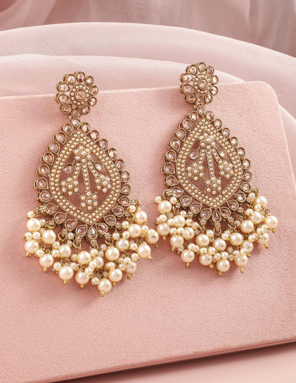 Dhiyona RJ Women's 18K Mehandi Gold-Plated Long Chandbali Earrings with Pearl Drops & Kundan Accents