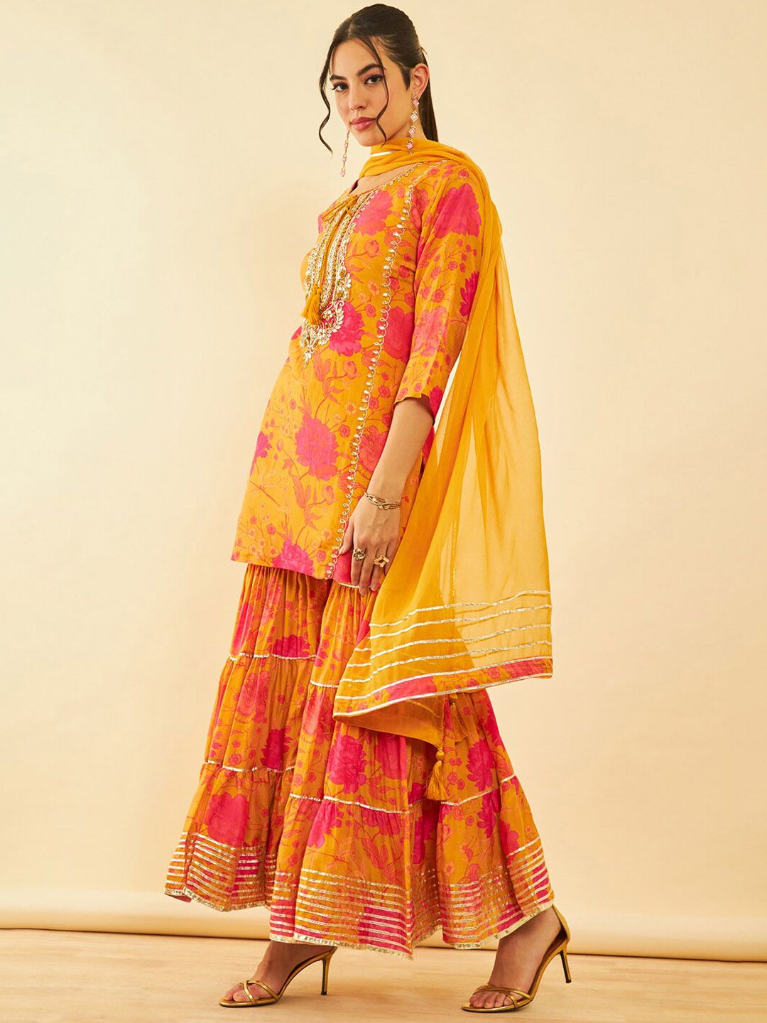 Dhiyona SO Women's Floral Printed Regular Zardozi Kurta with Sharara & Dupatta