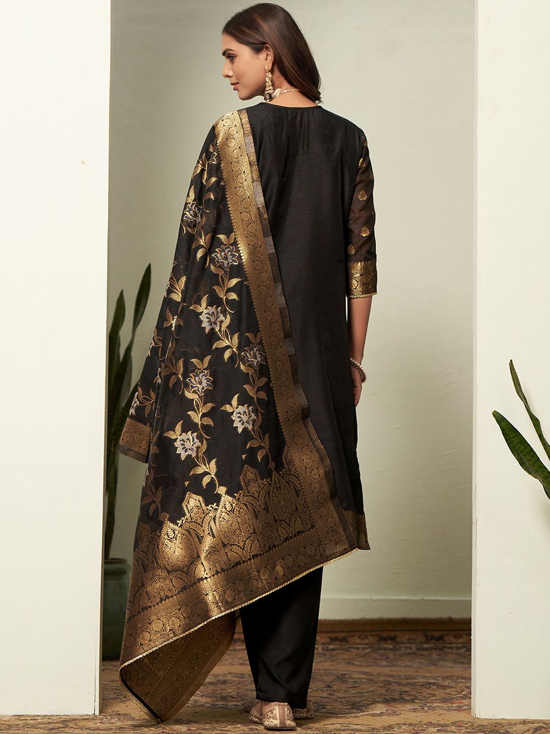 Dhiyona SN Women's Woven-Designed Straight Kurta With Trouser & Dupatta Set