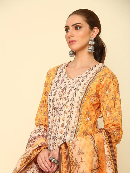 Dhiyona SO Women's Women Floral Printed Sequinned V-Neck Straight Kurta With Trousers & Dupatta