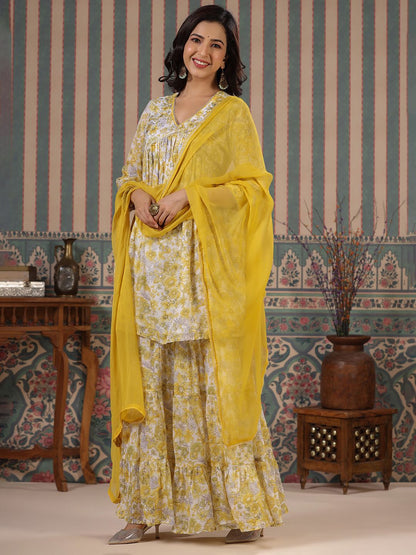 Dhiyona IS Women's Floral Printed V-Neck Empire Pure Cotton A-Line Kurti With Sharara & Dupatta