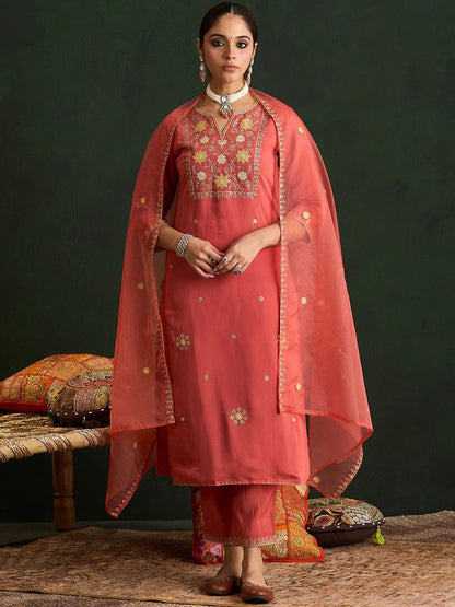 Dhiyona IE Women Floral Embroidered Regular Thread Work Kurta with Trousers & With Dupatta