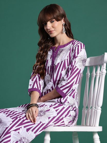 Floral Printed Regular Sequinned Pure Cotton Kurta with Trousers