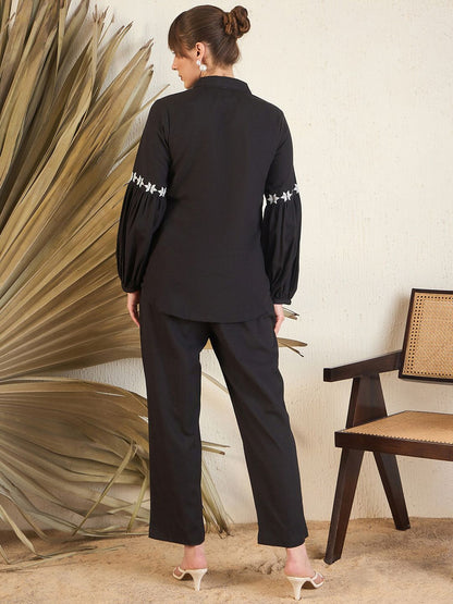 Black Floral Embroidered Straight A-Line Kurta With Trouser