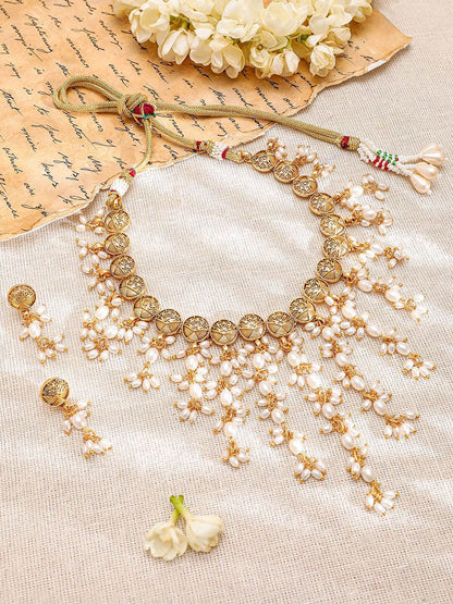 Dhiyona RJ Women's 22K Gold-Plated Coin Motif Necklace with White Beaded Pearl Dangling