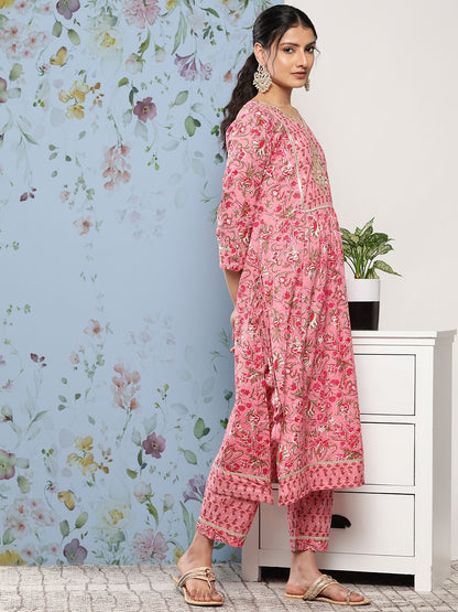 Dhiyona VA Women's Pink Floral Printed Gotta Patti Pure Cotton Kurta with Trousers & With Dupatta
