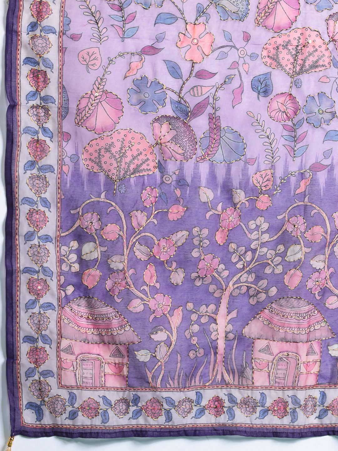 Floral Printed Beads & Stones Chanderi Silk Kurta With Trousers & Dupatta