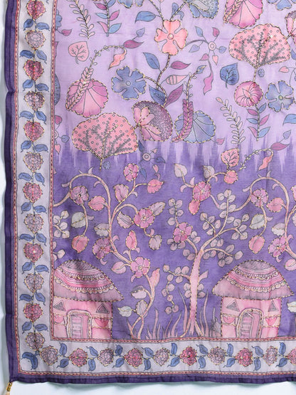 Floral Printed Beads & Stones Chanderi Silk Kurta With Trousers & Dupatta