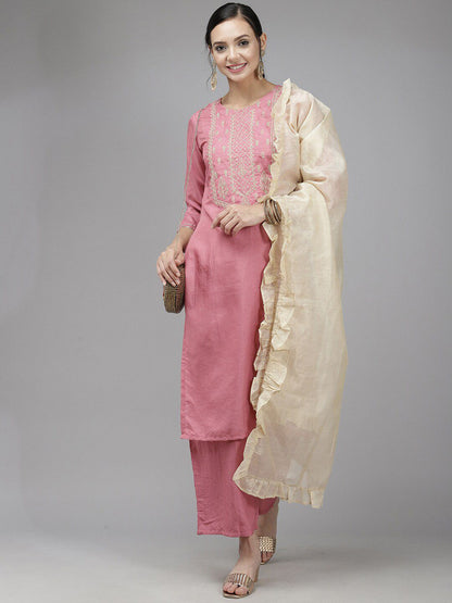 Women Ethnic Motif Embroidered Thread Work Kurta With Trousers & Dupatta