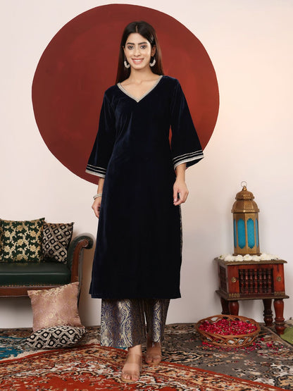 Dhiyona VA Women'sGota & Zari Embroidered Velvet Winter Kurta with Trouser