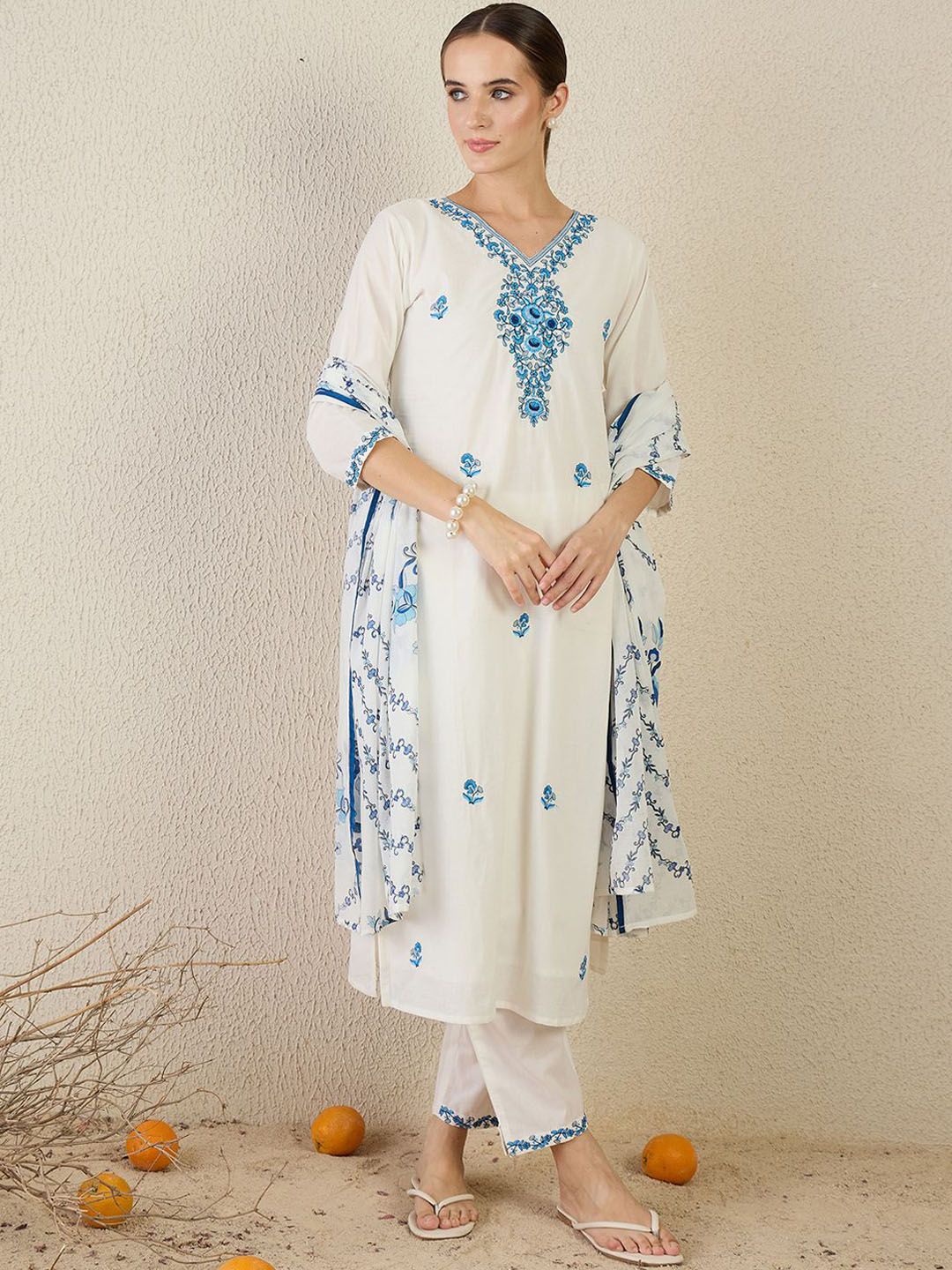 Women Floral Embroidered Cotton Kurta with Trousers & Dupatta