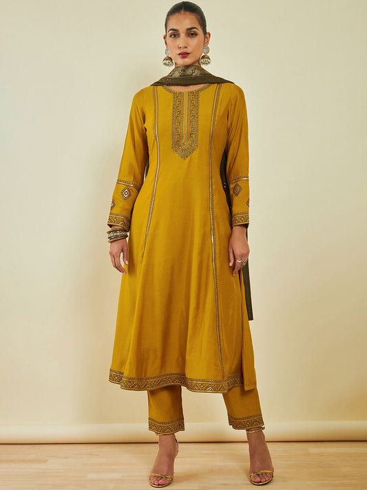 Dhiyona SO Women's Ethnic Motifs Embroidered Gotta Patti Kurta with Trousers & With Dupatta