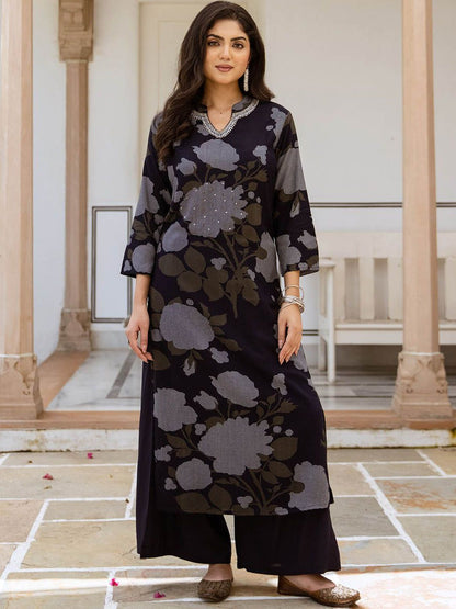 Dhiyona IS Women's Floral Printed Mandarin Collar Sequinned Straight Kurta With Palazzos