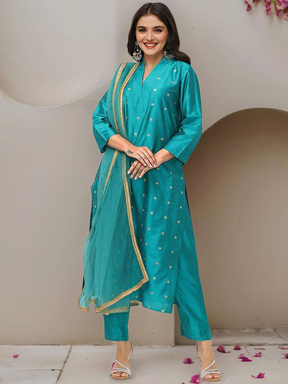 Dhiyona IS Women's Floral Embroidered Sequinned Straight Kurta With Trousers & Dupatta