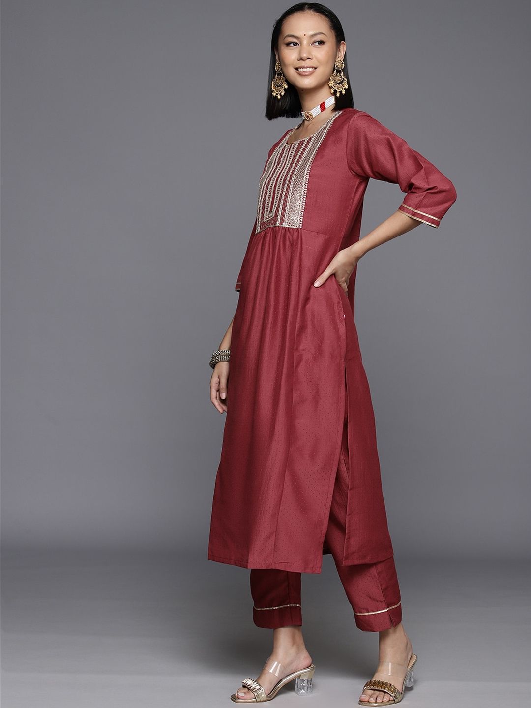 Dhiyona VA Women'sEthnic Motifs Yoke Design Zari Sequined Kurta with Trousers & Dupatta