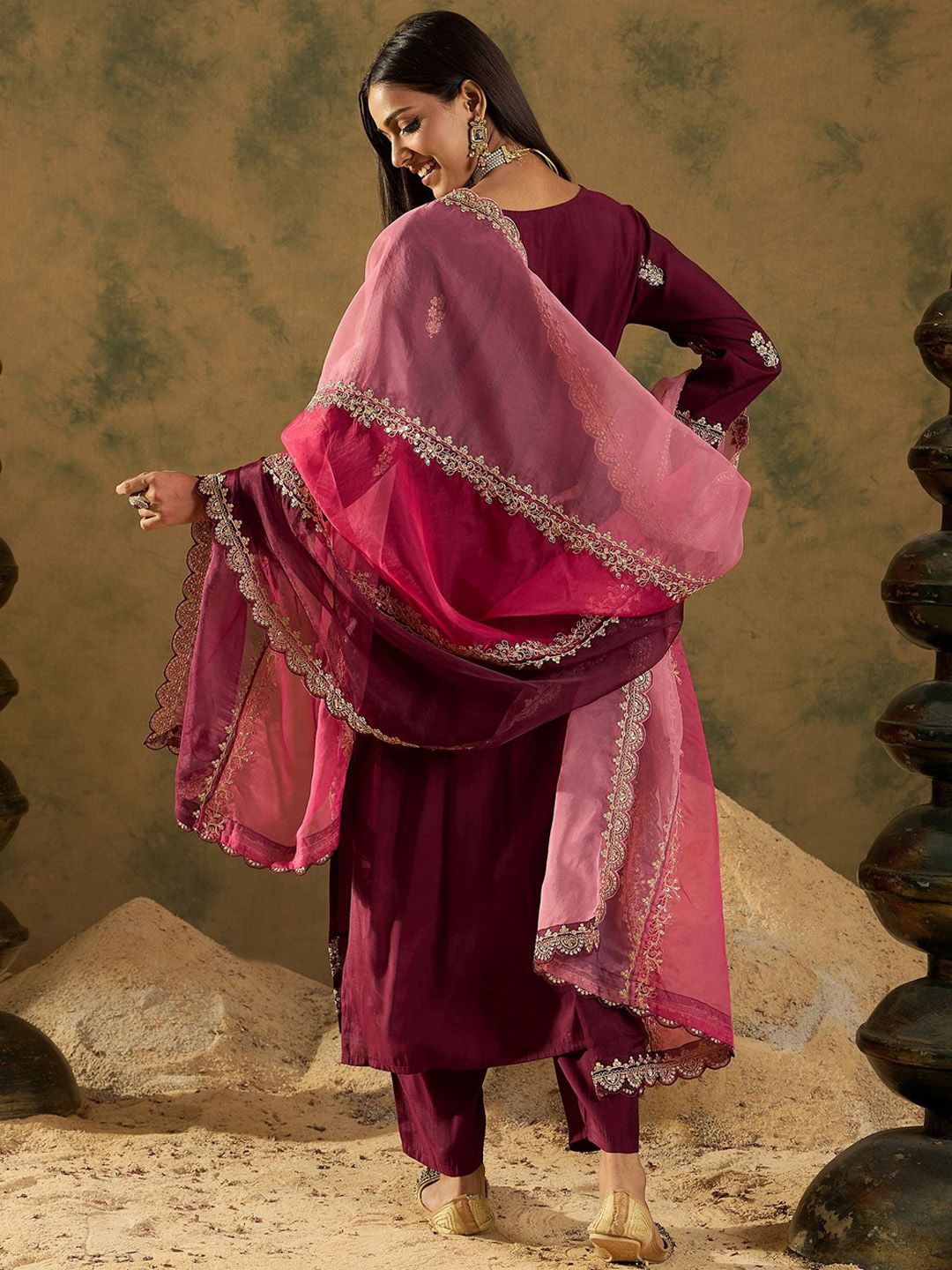 Women Floral Embroidered Regular Sequinned Kurta with Trousers & With Dupatta