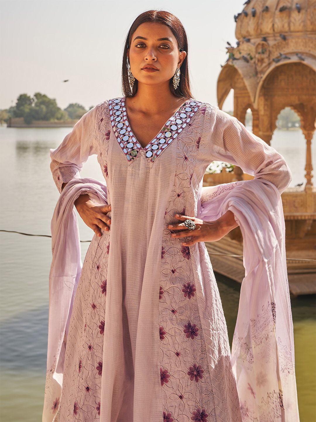 Dhiyona IE Floral Embroidered Mirror Work Anarkali Pure Cotton Kurta With Trousers & Dupatta