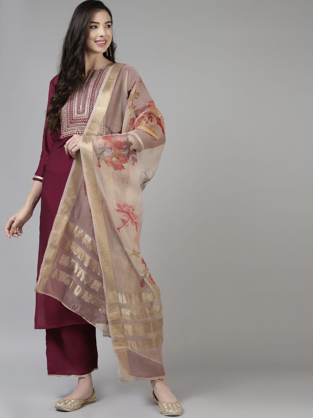 Burgundy & Gold Striped Yoke Thread Work Liva Straight Kurta Trousers & Dupatta