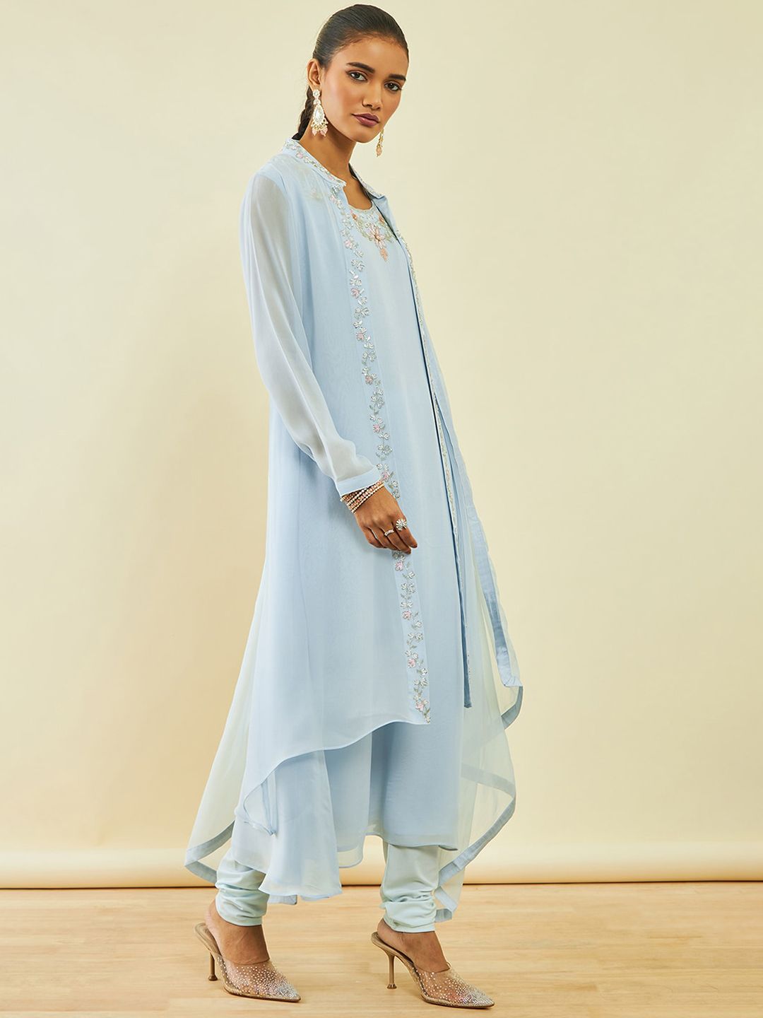 Dhiyona SO Women's Ethnic Motifs Embroidered Round Neck A-Line Kurta With Churidar & Dupatta & Jacket