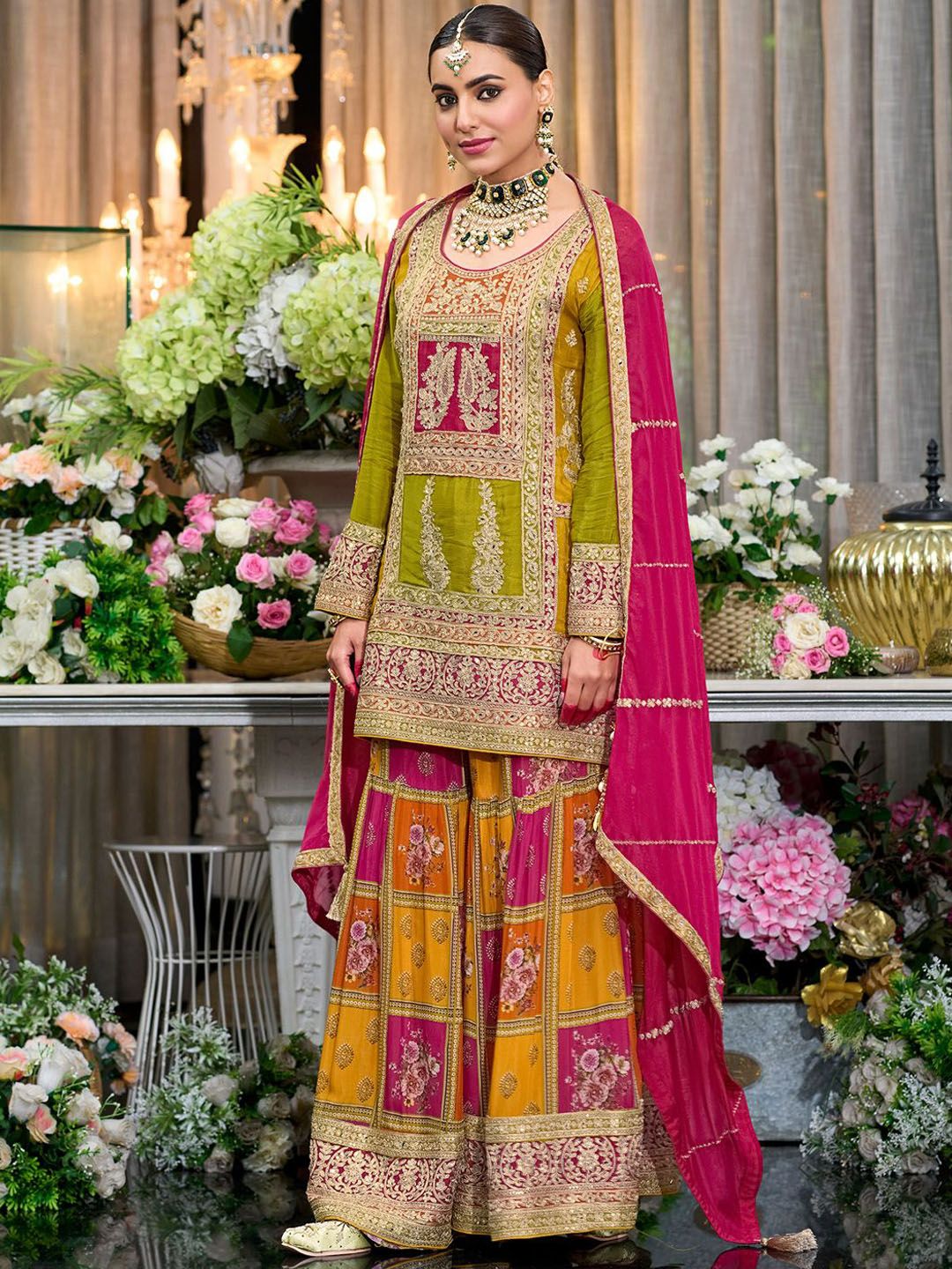 Dhiyona IE Floral Embroidered Sequinned Chinon Straight Kurta With Palazzos & Dupatta