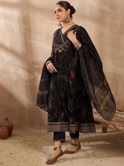 Women Ethnic Motifs Printed Pleated Beads and Stones Pure Cotton Kurta with Trousers & With Dupatta