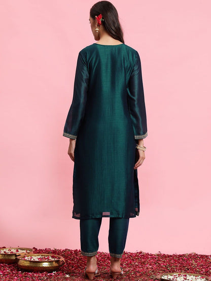Dhiyona IE Embroidered Straight Sequinned Kurta with Trousers & Dupatta
