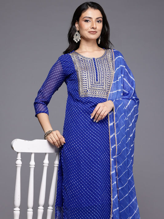 Dhiyona VA Women'sLeheriya Printed Zari Kurta With Trousers & Dupatta