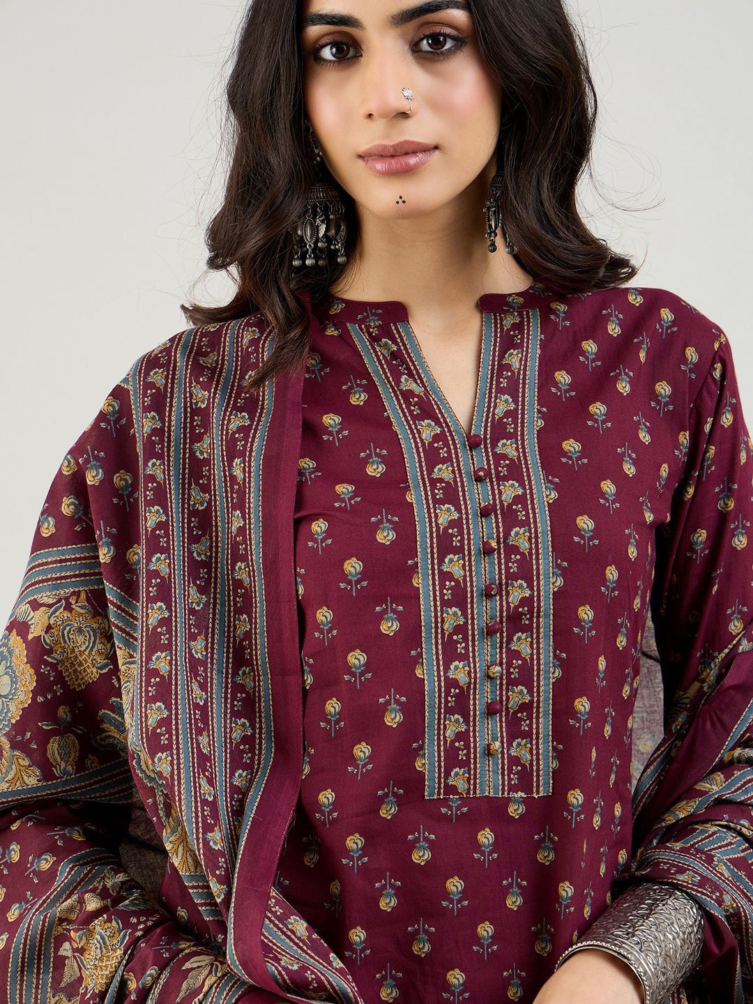 Dhiyona IE Burgundy Floral Printed Mandarin Collar Pure Cotton Kurta with Salwar & Dupatta