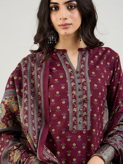 Dhiyona IE Burgundy Floral Printed Mandarin Collar Pure Cotton Kurta with Salwar & Dupatta
