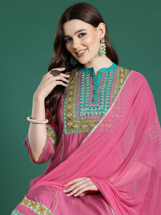 Dhiyona IE Ethnic Motifs Embroidered Panelled Mirror Work Kurta With Trousers & Dupatta
