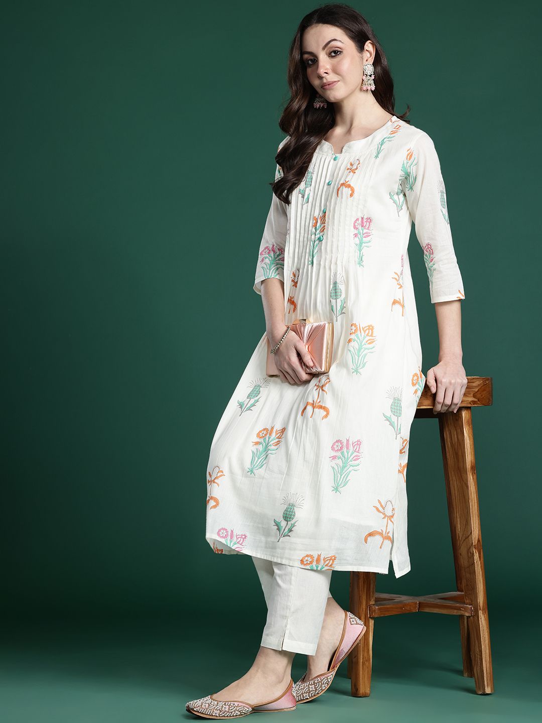 Dhiyona IE Floral Printed Pleated Pure Cotton Kurta with Trousers